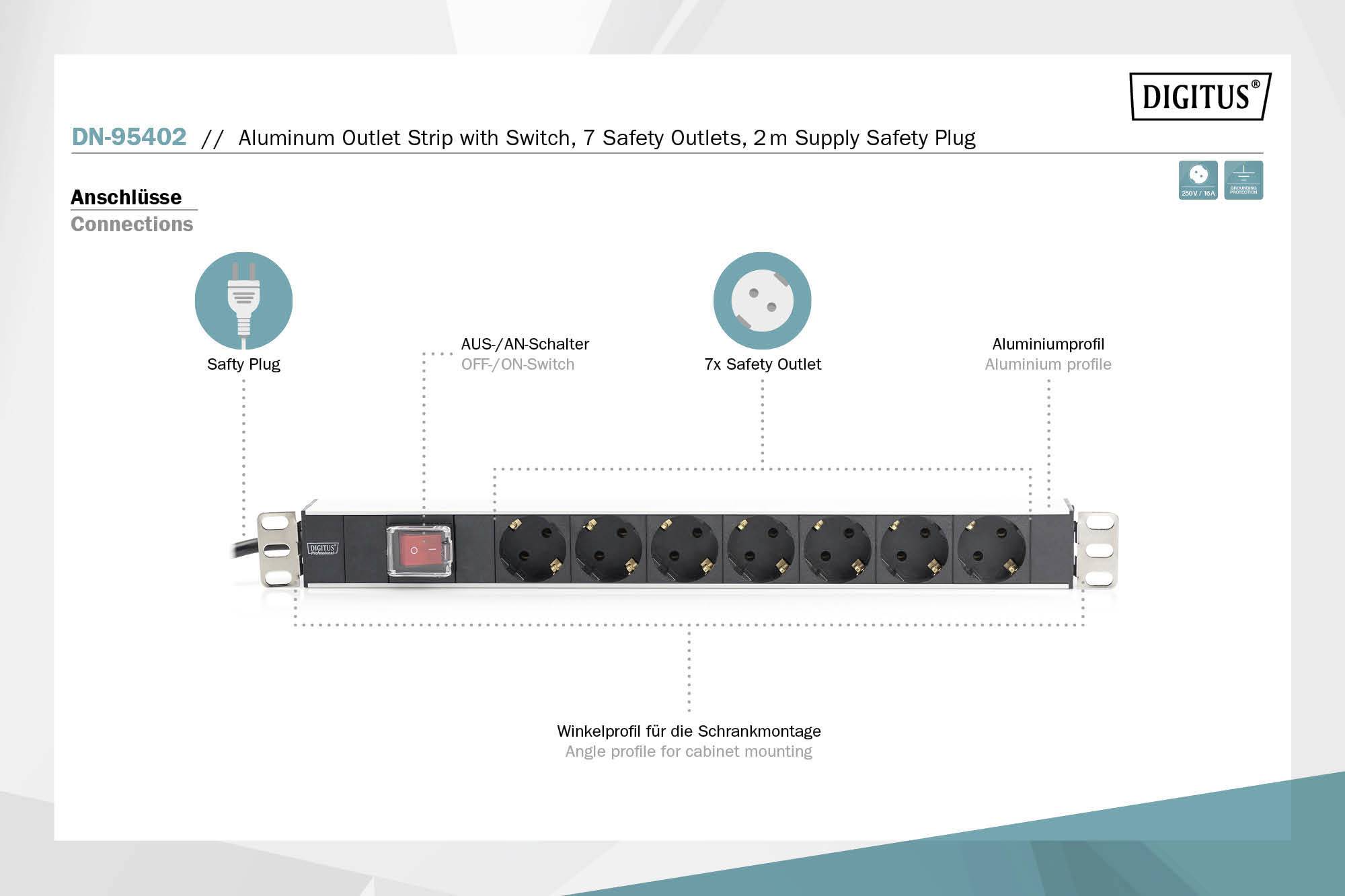 'Aluminium-Steckdosenleiste mit Schalter, 7 Sicherheitssteckdosen, Schutzkontaktstecker, 2 m Zuleitung, Aluminiumprofil.'