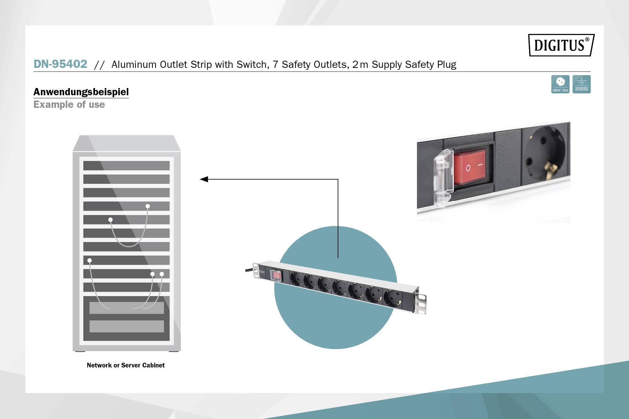 'Aluminium-Steckdosenleiste mit Schalter, 7 Sicherheitssteckdosen, 2m Kabel. Anwendungsbeispiel: Netzwerk- oder Serverschrank.'