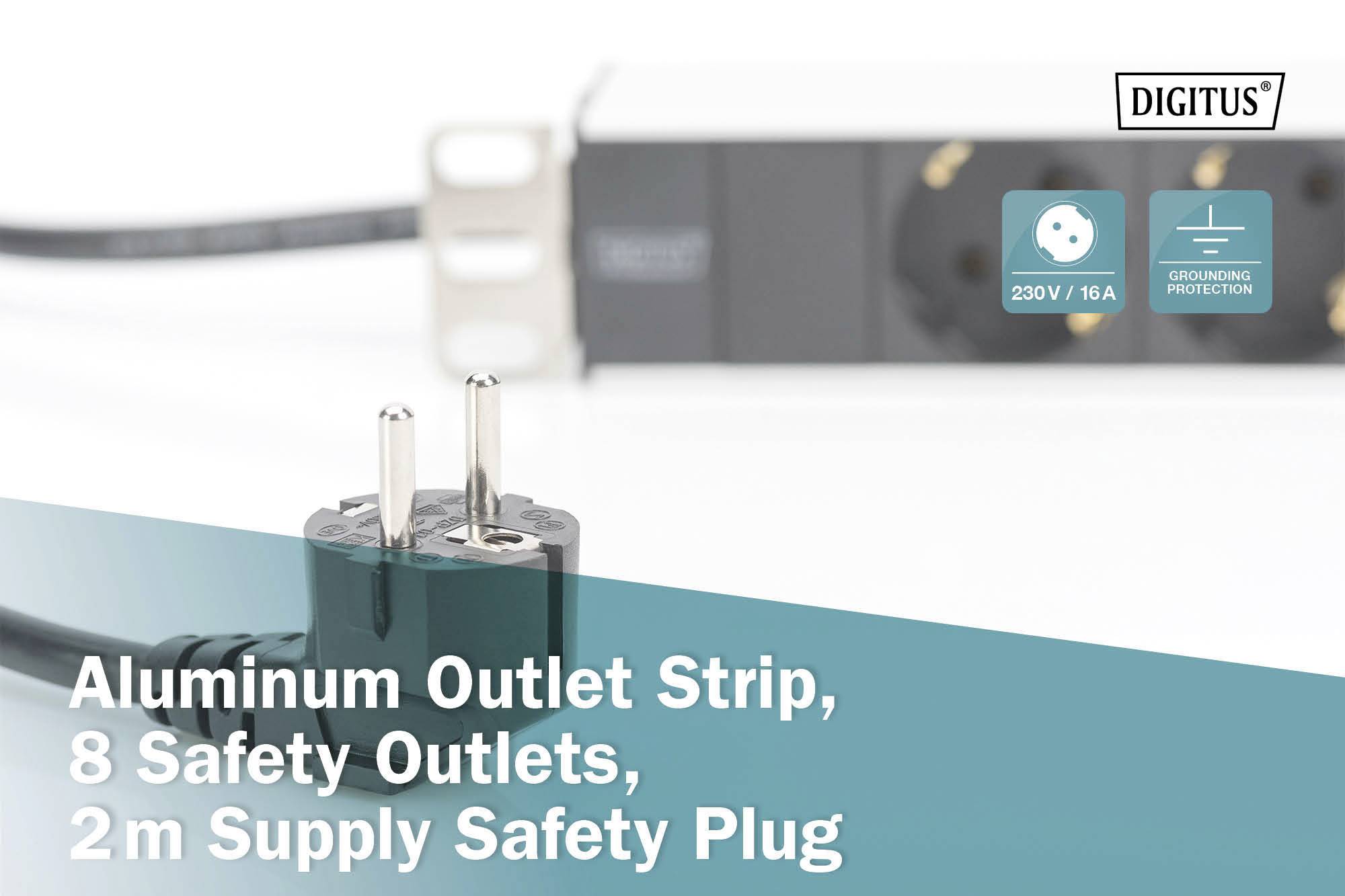 'Aluminiumsteckdosenleiste, 8 Sicherheitssteckdosen, 2m Zuleitung mit Sicherheitsstecker. Abbildung zeigt Steckdosenleiste und Stecker.'