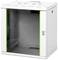Weißes Wandgehäuse mit Glastür und Lüftungsschlitzen, geeignet zur sicheren Unterbringung von Netzwerkausrüstung.