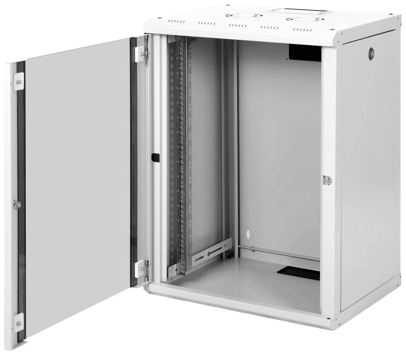 Ein offener Netzwerkschrank zeigt innenliegende Racks und Kabelmanagementoptionen, geeignet für IT-Installationen in Büros.