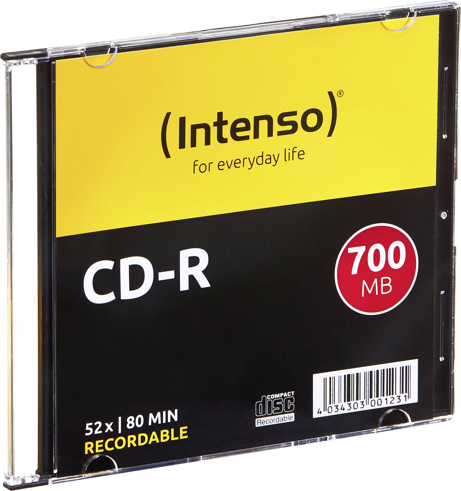 CD-R von Intenso mit 700 MB Speicherkapazität, geeignet für 80 Minuten Aufnahmen, in einer transparenten Hülle.
