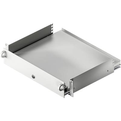 Schublade aus Metall mit Griffen an den Seiten, geeignet für Montage in einem industriellen Rack-System.