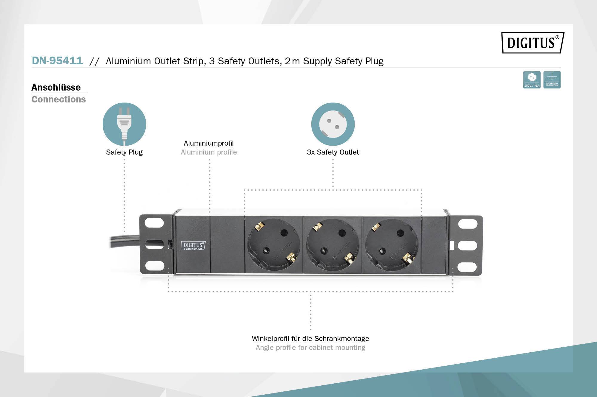 'DN-95411 Aluminium Outlet Strip' mit drei Sicherheitssteckdosen und einem 2m Kabel. Winkelprofil ermöglicht Montage am Schrank.