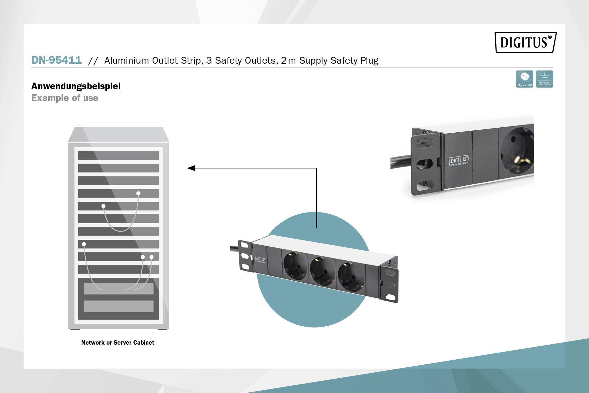 'Abbildung zeigt eine Aluminium-Steckdosenleiste mit drei Sicherheitssteckdosen und 2m Sicherheitsstecker, geeignet für Server-Schränke.'