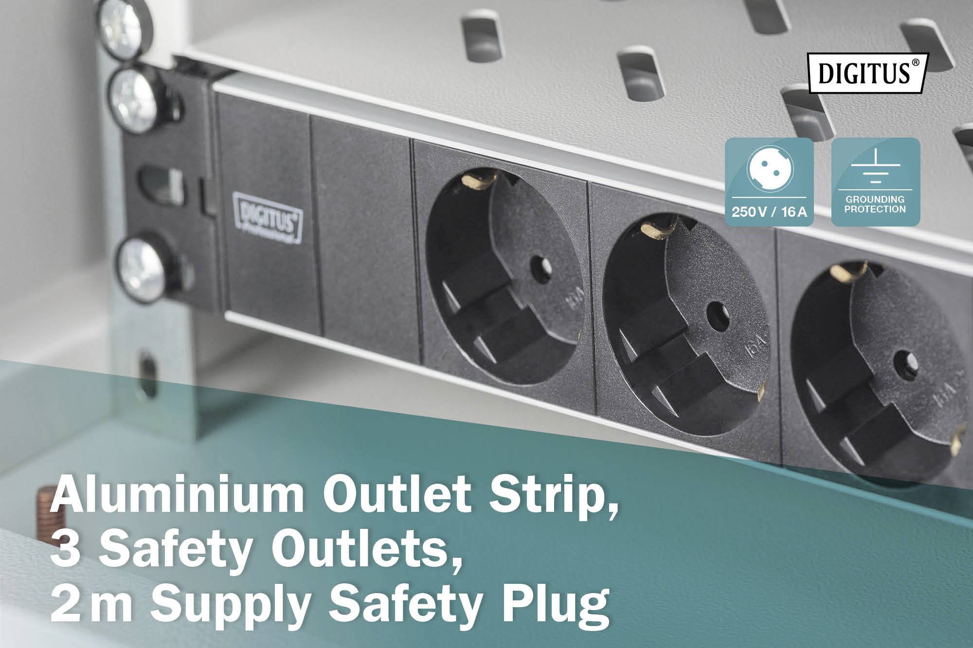 'Aluminium-Steckdosenleiste mit 3 Sicherheitssteckdosen, 2 m Sicherheitsstecker. Schutz: 250V/16A, Erdungsschutz.'