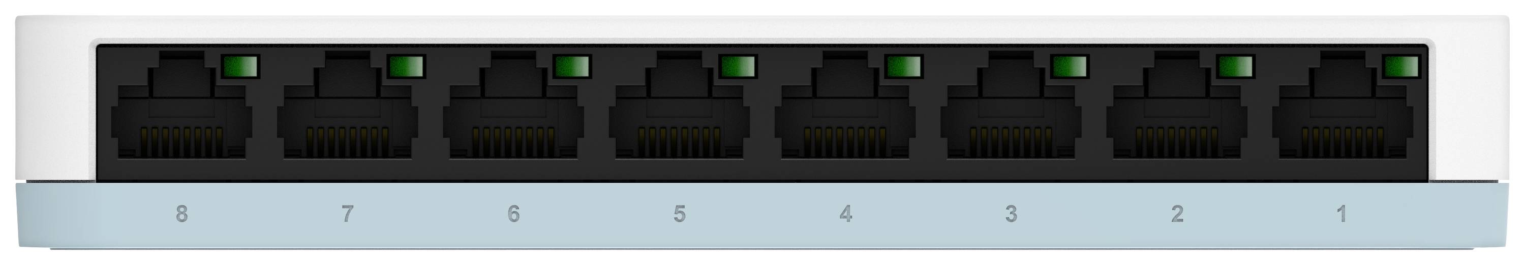 'Acht-Port-Netzwerk-Switch; alle Ports zeigen grüne Statusanzeigen, was auf aktive Verbindungen hinweist.'