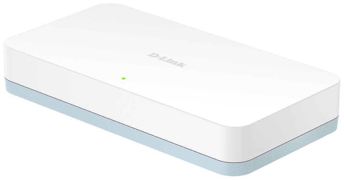 Ein weißer Router von D-Link mit einem kleinen grünen Licht auf der Oberseite signalisiert Betriebsbereitschaft.