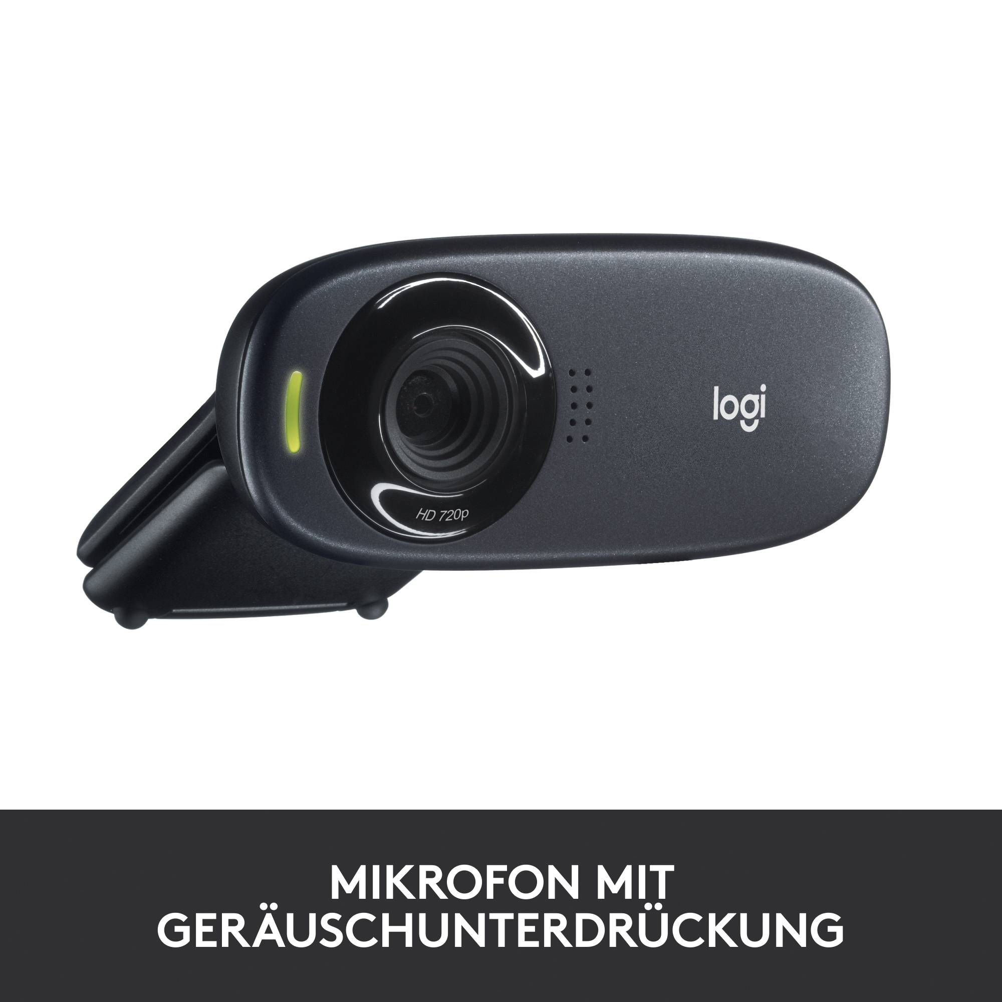 Eine schwarze Webcam mit Mikrofon von "Logi", Kameralinse und grünem Licht, zeigt Text 'Mikrofon mit Geräuschunterdrückung'.
