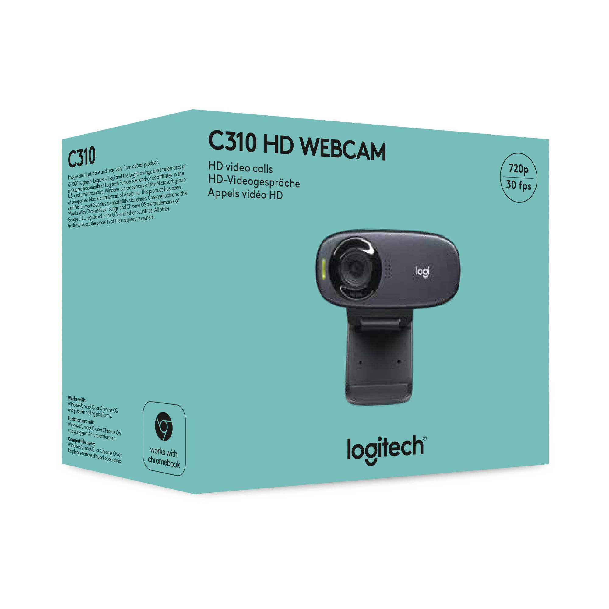 Eine Webcam-Box mit der Aufschrift 'C310 HD Webcam'. Hauptmerkmale sind 720p, 30 fps und Kompatibilität mit Chromebook.