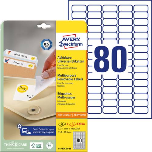 Thumbnail - Avery-Zweckform L4732REV-25 Universal-Etiketten 35.6 x 16.9 mm Papier Weiß 2400 St. Wiederablösbar Tintenstrahldrucker, ...