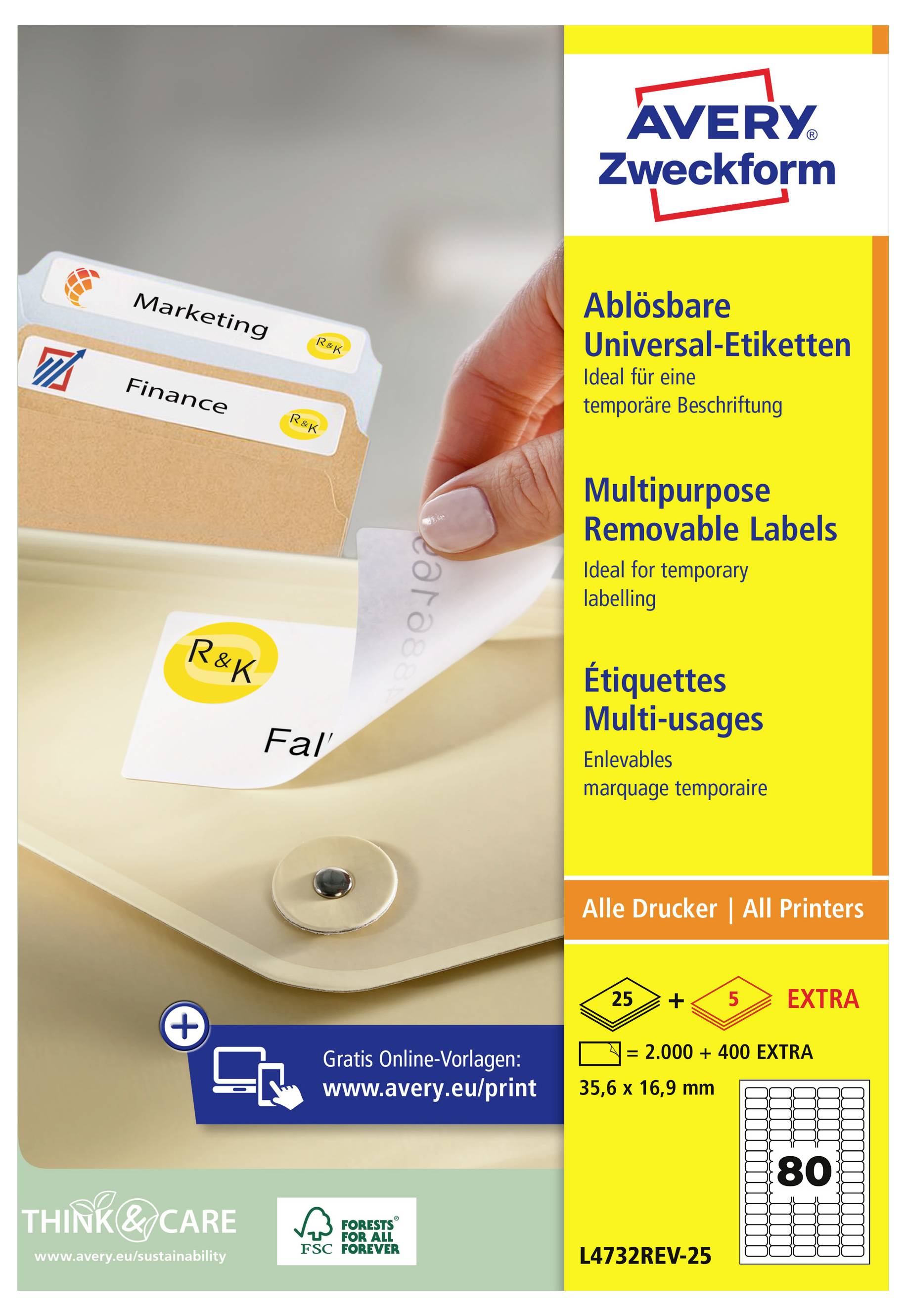 Avery Zweckform Haftetiketten für temporäre Beschriftung, gezeigt beim Abziehen von einem Ordnertab; das Set enthält 2.000 Etiketten, 35,6 x 16,9 mm, für alle Drucker.