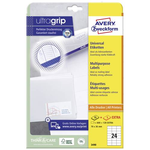 Avery-Zweckform 3490 Universal-Etiketten 70 x 36 mm Papier Weiß 720 St. Permanent haftend Tintenstrahldrucker, Laserdruc...