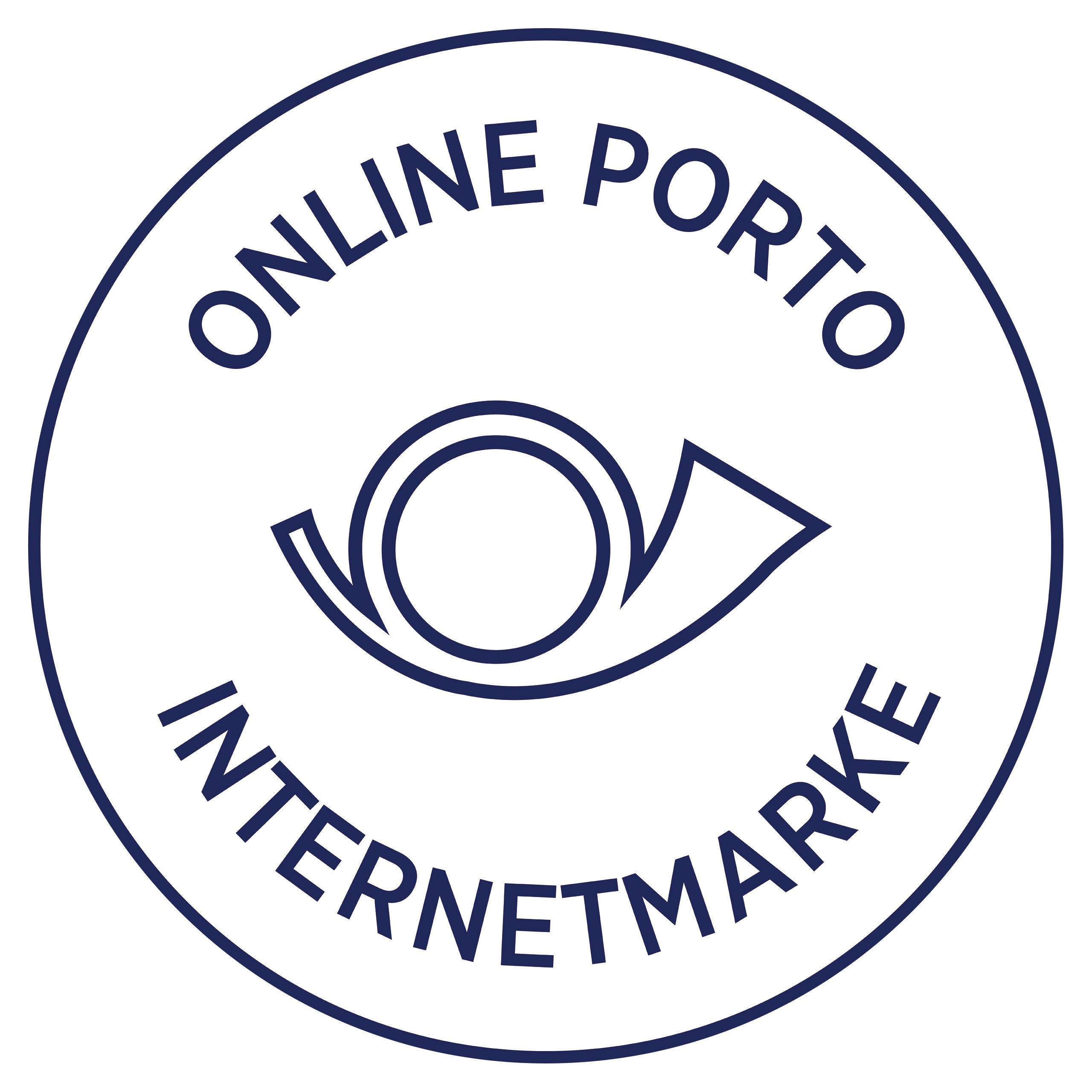Ein rundes Logo mit einem stilisierten Posthorn in der Mitte. Darum stehen die Wörter 'Online Porto' und 'Internetmarke'.