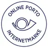 Ein rundes Logo mit einem stilisierten Posthorn in der Mitte. Darum stehen die Wörter 'Online Porto' und 'Internetmarke'.