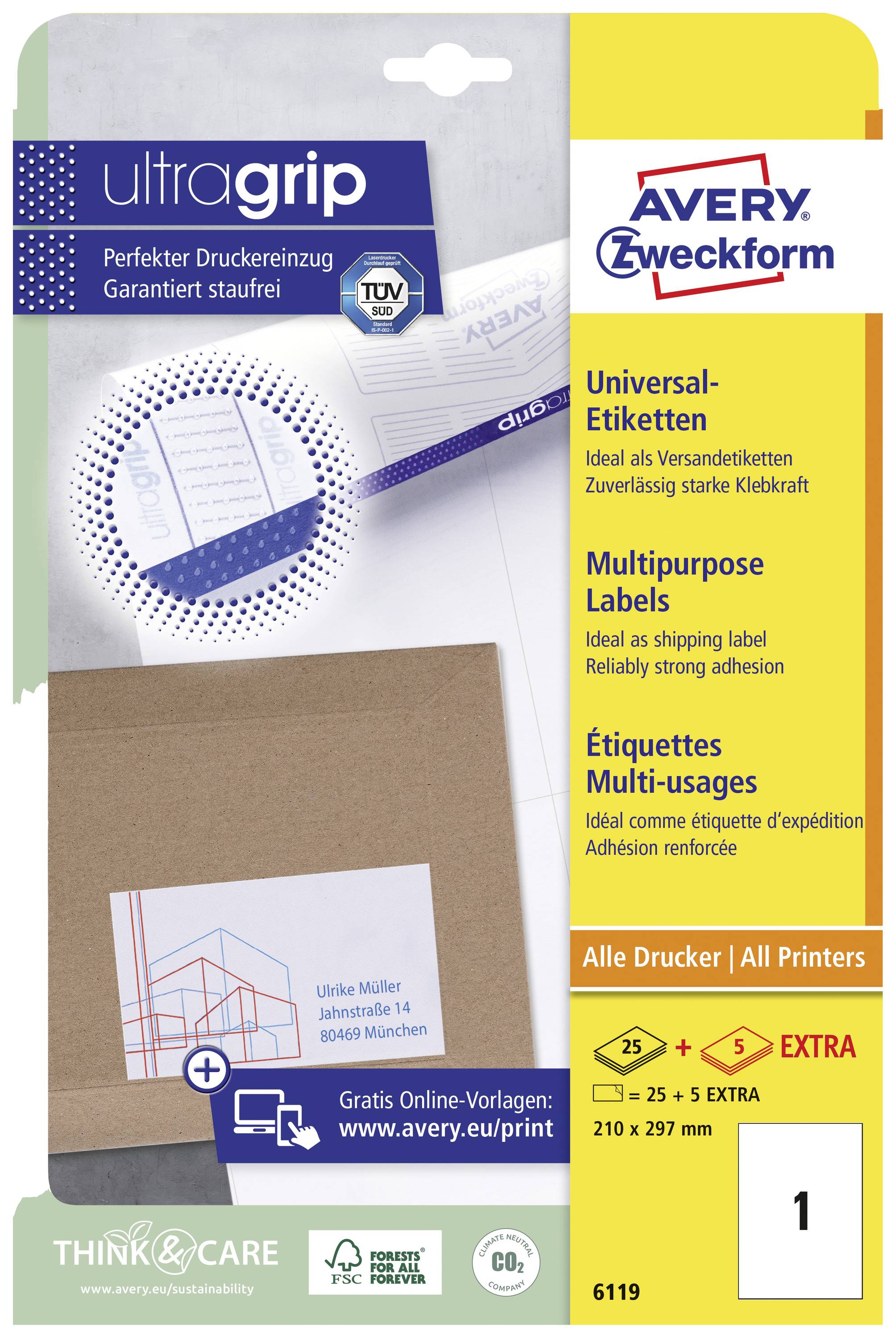 'Avery Zweckform Universal-Etiketten', 25 + 5 extra Blätter. Für alle Drucker geeignet. Größe 210 x 297 mm.