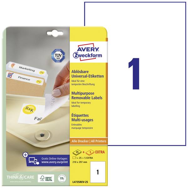 Avery-Zweckform L4735REV-25 Universal-Etiketten 210 x 297 mm Papier Weiß 30 St. Wiederablösbar Tintenstrahldrucker, Laserdrucker, Farblaserdrucker, Kopierer, Farbkopierer, Handbeschriftung