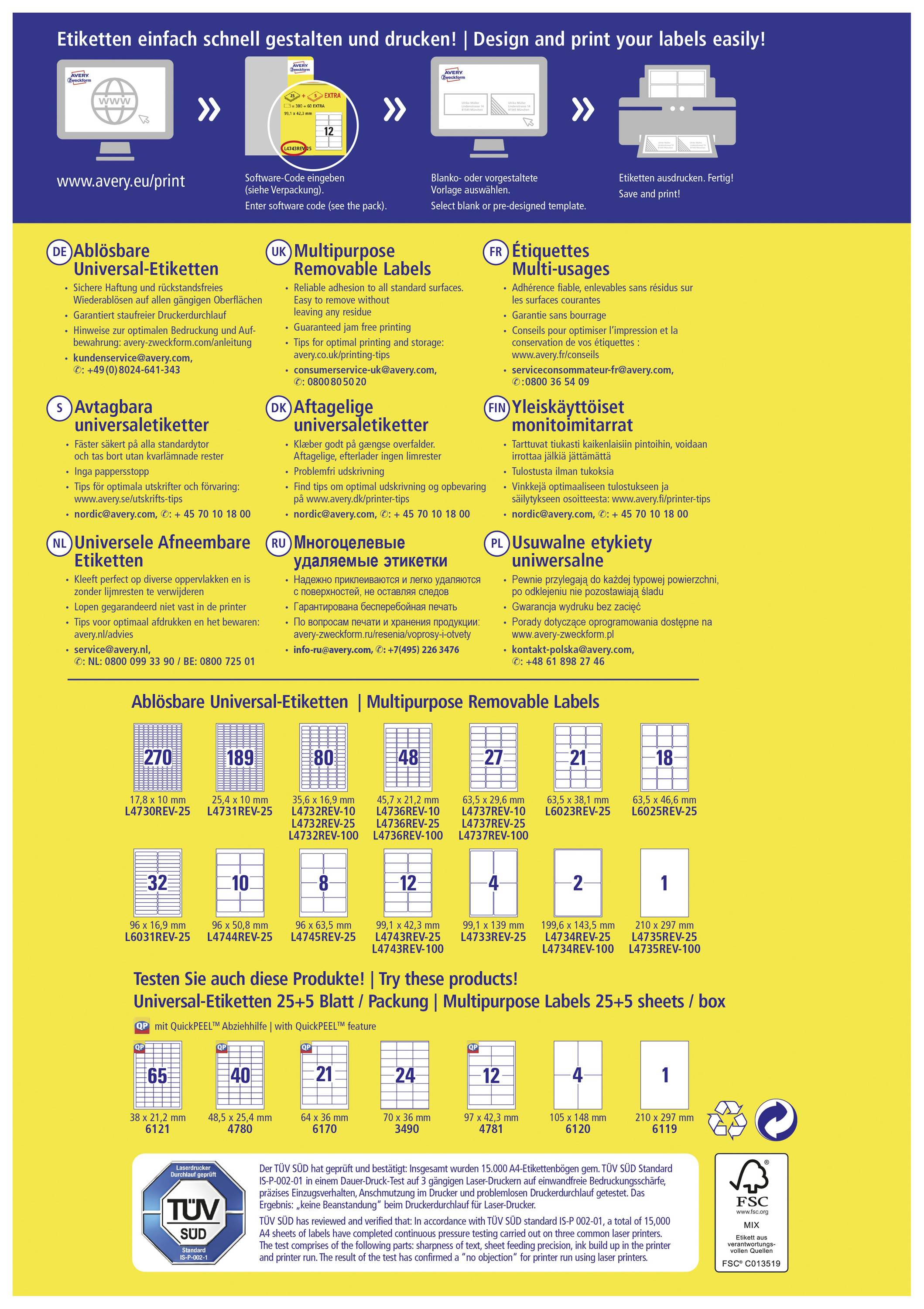 'Poster auf Deutsch und Englisch mit Anweisungen zum Gestalten und Drucken von Etiketten. Listet mehrere Etikettentypen und ihre Eigenschaften auf. Markenlogos am unteren Rand.'