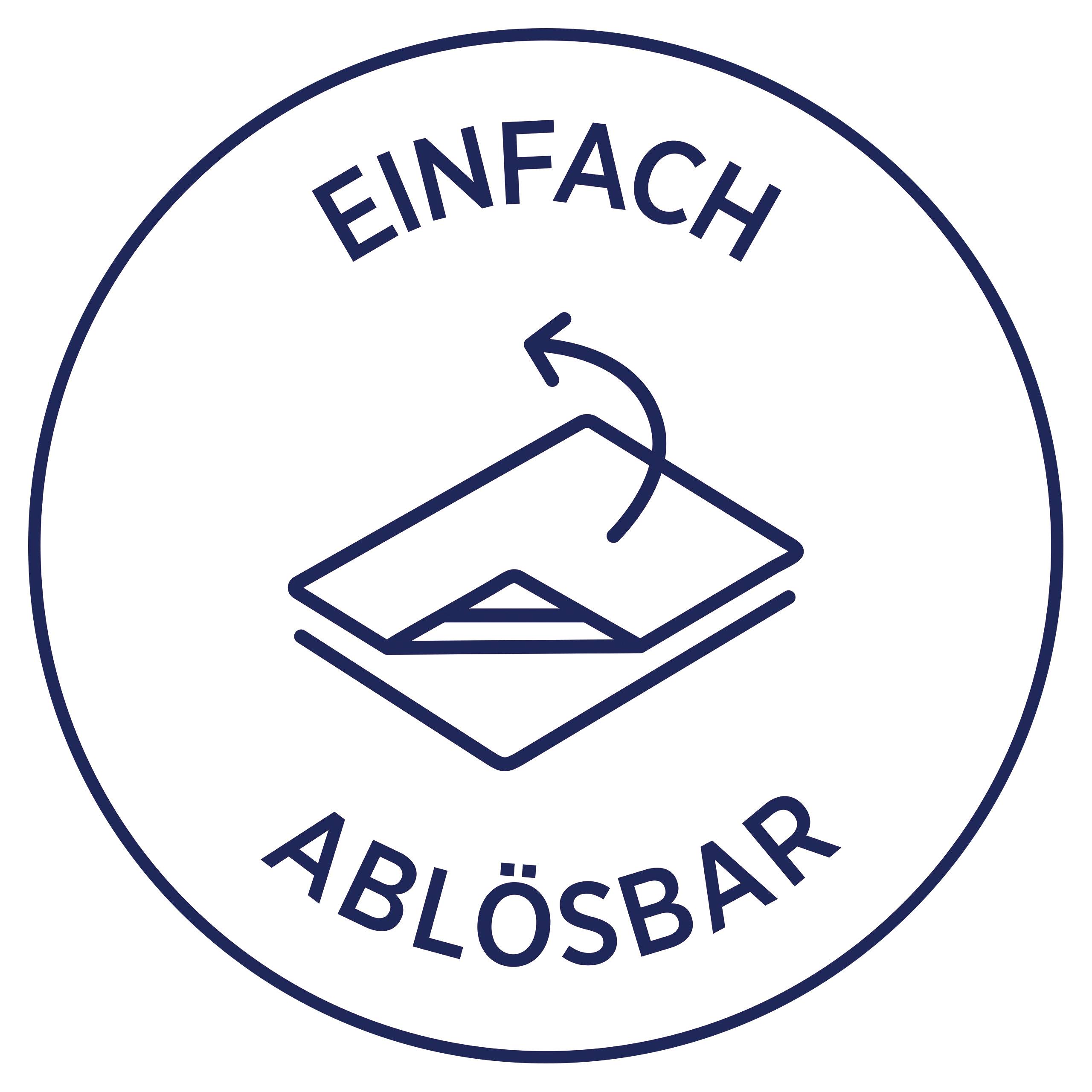 Symbol eines Pfeils über einem abziehbaren Etikett. Text: 'Einfach ablösbar'.