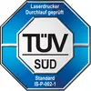 Achteckiges TÜV SÜD-Logo mit blauem Rand, Schriftzug 'Laserdrucker Durchlauf geprüft', Standard IS-P-002-1.