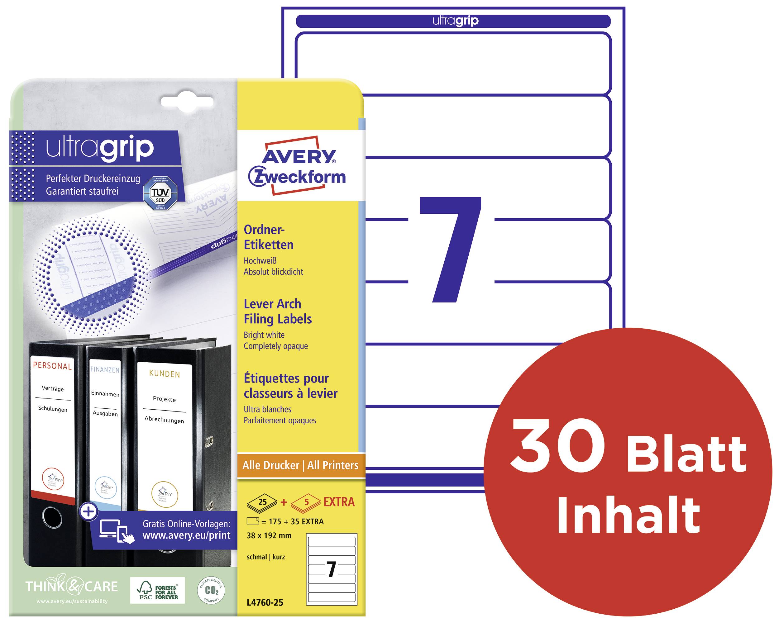 'Ordnerrücken-Etiketten von Avery Zweckform, 30 Blatt, geeignet für alle Drucker, mit gratis Online-Vorlagen.'