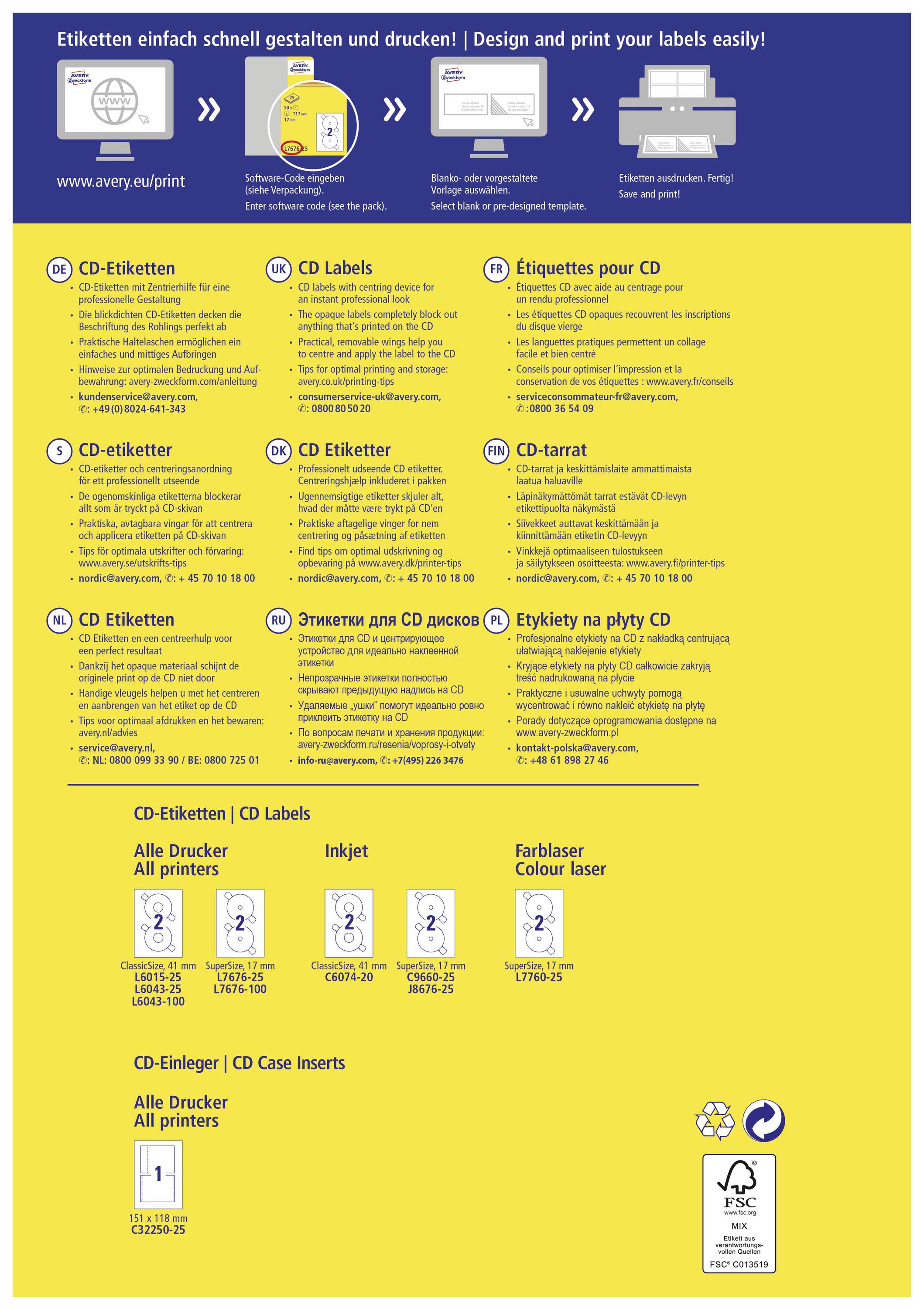 Infografik über CD-Etiketten, mit Anleitung in mehreren Sprachen, Druckervarianten und Farbschema. Markenname und Webadresse enthalten.
