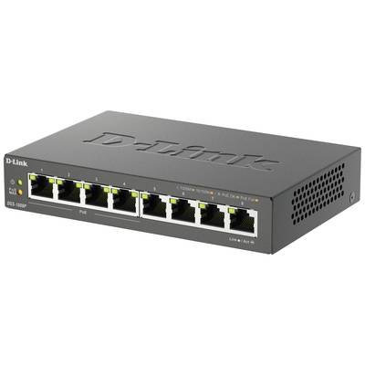 Ein schwarzer D-Link Netzwerk-Switch mit acht Ethernet-Ports, teilweise aktiv. Aufdruck 'D-Link' und Modellnummer DGS-1008P.