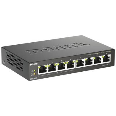 'Netzwerkschalter D-Link DGS-1008P' mit 8 Ethernet-Ports und PoE-Technologie, geeignet für Datennetzwerke und Internetverbindungen.