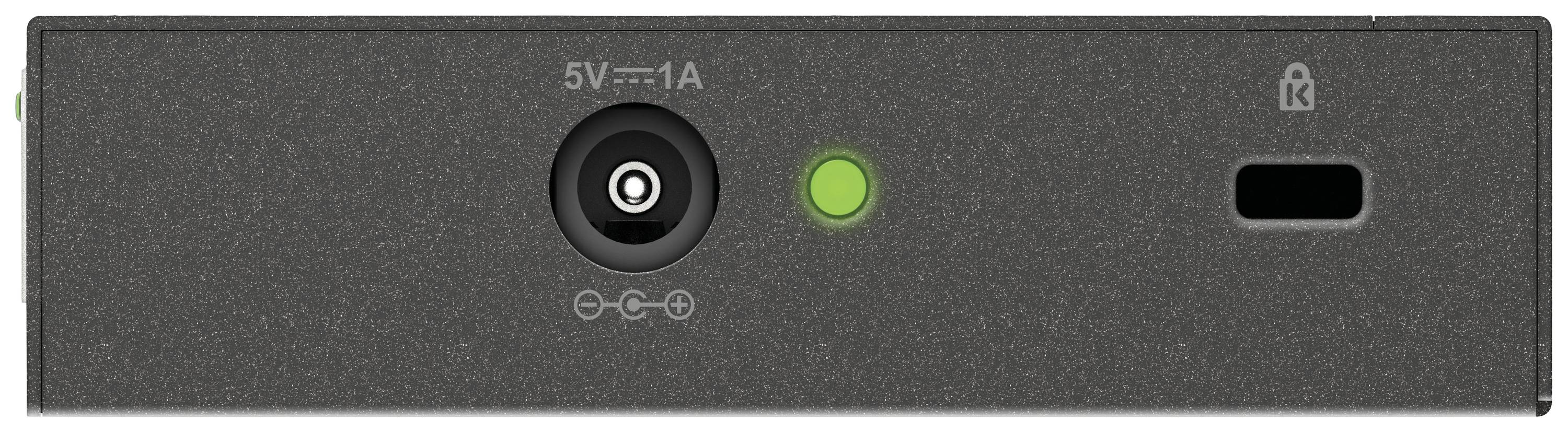 Ein schwarzes Gerät mit Netzteilanschluss (5V, 1A) und grünem Einschaltknopf. Ein Schlüsselsymbol zeigt eine Sperrfunktion.