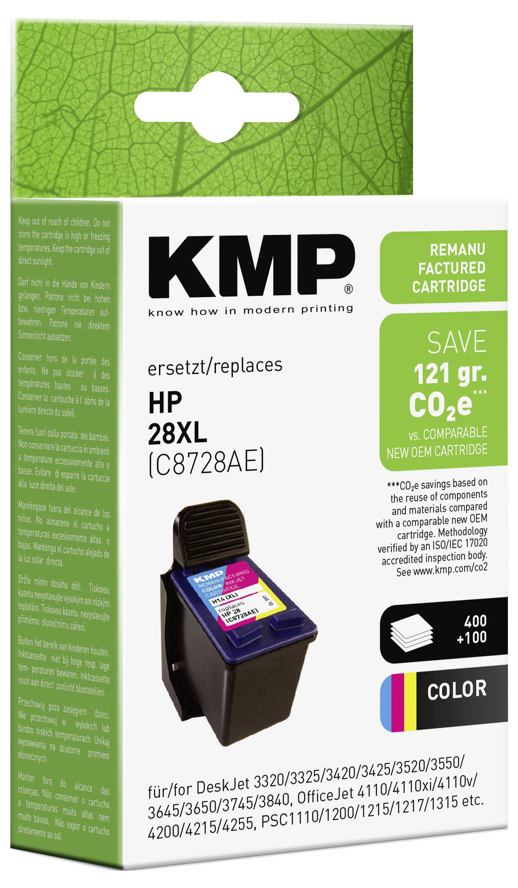 Packung mit KMP nachgefertigter Tintenpatrone für HP 28XL, mit der Aufschrift „SPAREN 121 gr. CO2e" und „FARBE", mit Patronenabbildung auf der Vorderseite.