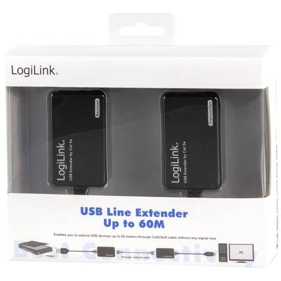 Verpackung eines USB-Line-Extenders von LogiLink, bestehend aus zwei Geräten, die USB-Signale über Cat5e/6-Kabel bis zu 60 Meter erweitern.