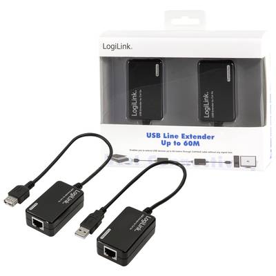 USB Line Extender von LogiLink, erweitert USB-Verbindungen auf bis zu 60 Meter. Enthält zwei Adapter, jeweils mit USB- und Ethernet-Anschlüssen.
