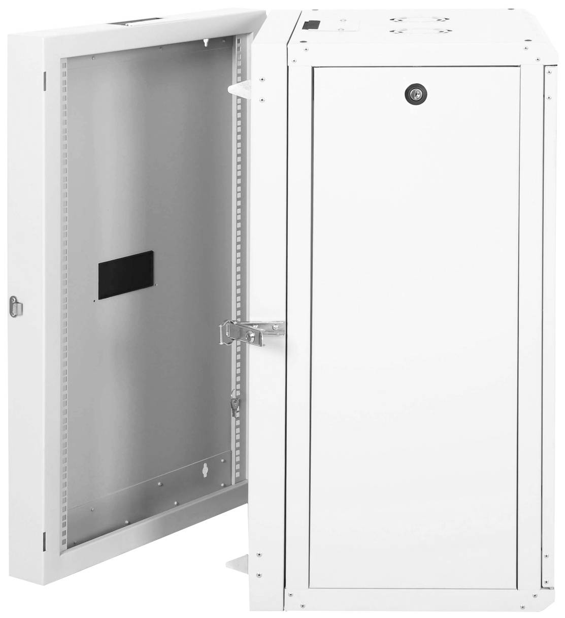 Weißer Wandschrank mit geöffneter Tür zeigt das Innere. Enthält Vorrichtungen zur Montage von technischen Geräten. Ideal für Serverräume.