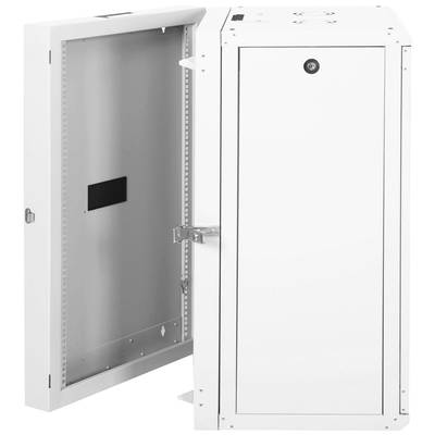 Weißer Wandschrank mit geöffneter Tür zeigt das Innere. Enthält Vorrichtungen zur Montage von technischen Geräten. Ideal für Serverräume.