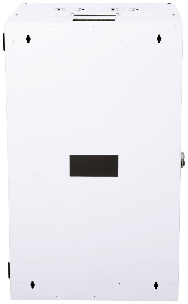 Ein weißer, rechteckiger Metallkasten mit schwarzen Befestigungspunkten. Geeignet für die Wand- oder Deckenmontage.