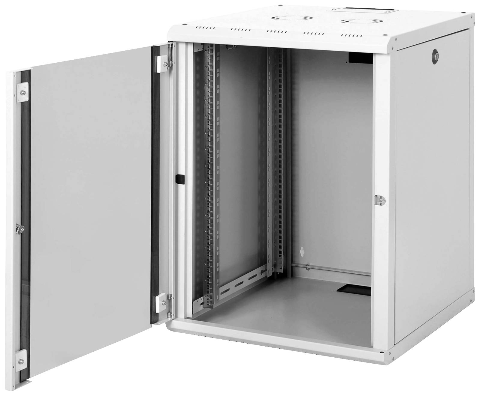 Ein offener, weißer Metallschrank, geeignet zur Aufbewahrung von Technikgeräten. Ideal für Server oder Netzwerkkomponenten.