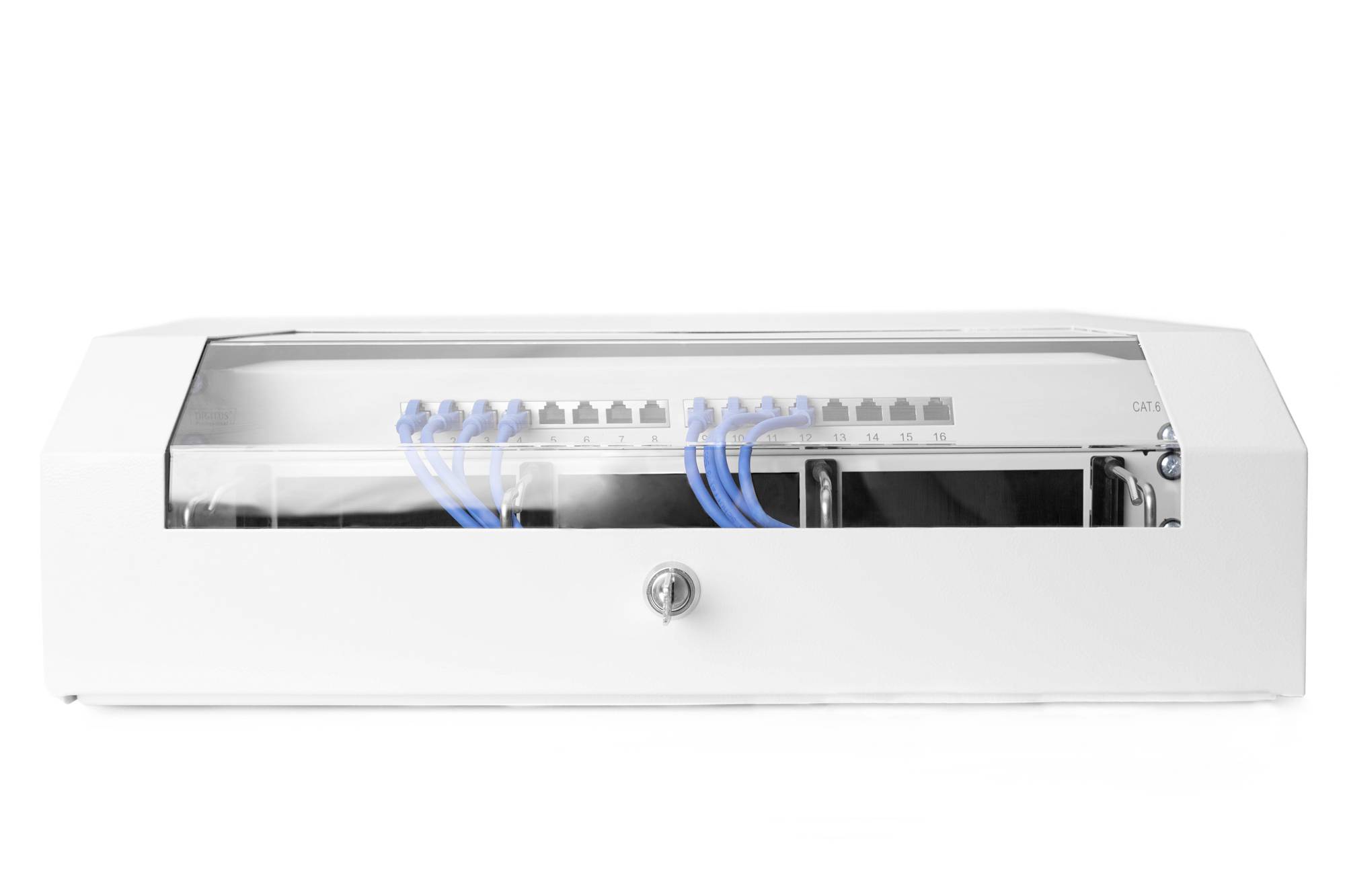 Ein weißes Gehäuse mit einem transparenten Deckel, darunter sind acht blaue Ethernet-Kabel angeschlossen. Schlüsselloch an der Vorderseite.
