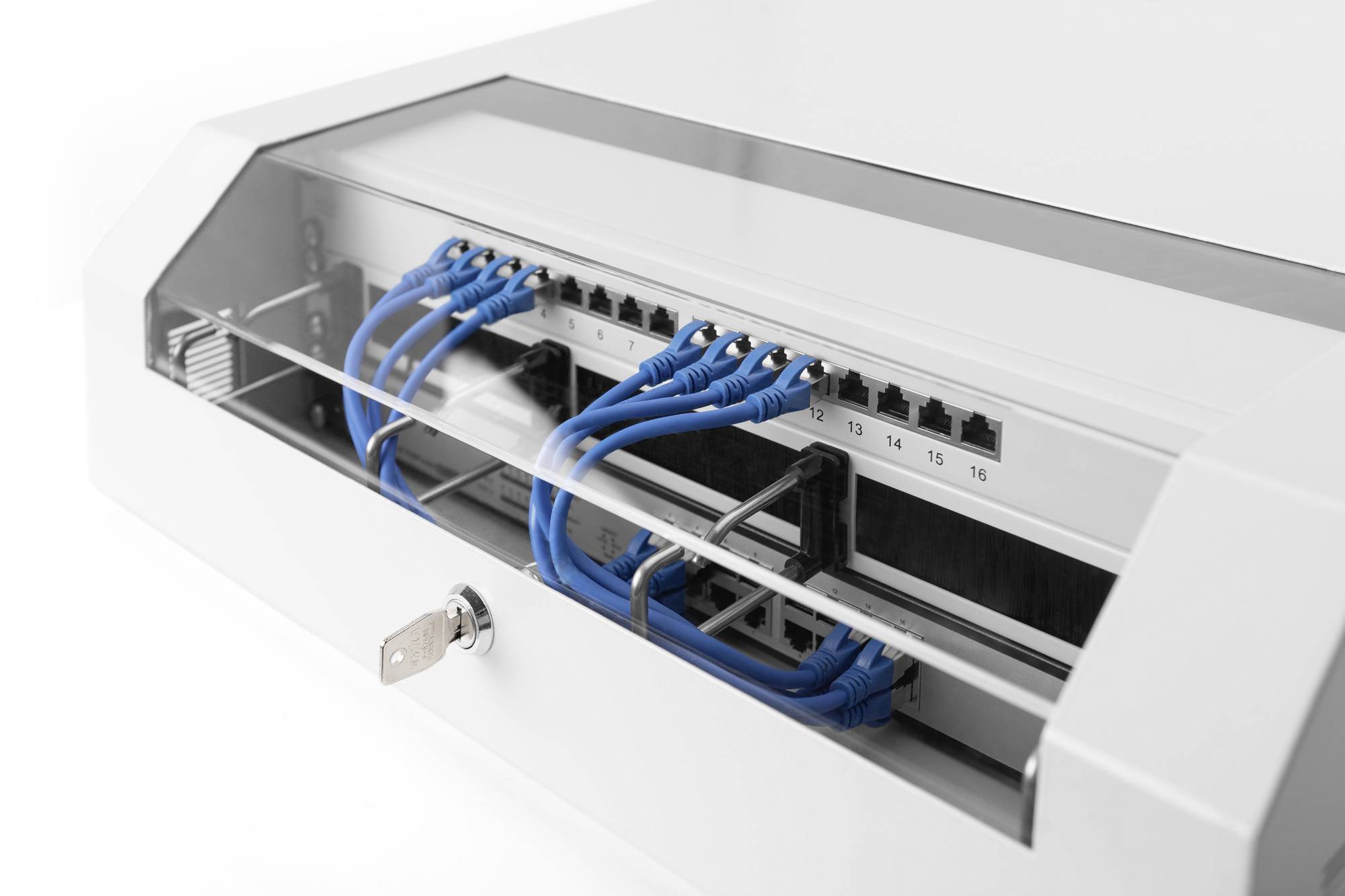 Ethernet-Kabel sind in einen Netzwerkverteiler angeschlossen; das Gehäuse ist abgeschlossen und zeigt eine organisierte Verkabelung.