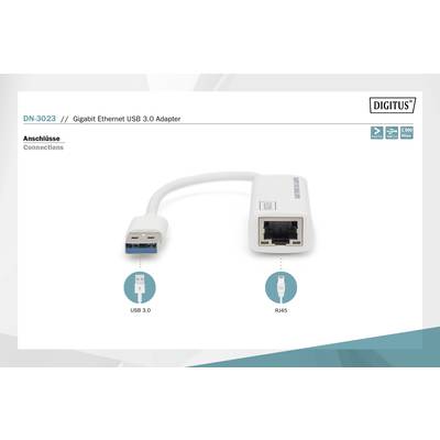 'Gigabit Ethernet USB 3.0 Adapter DN-3023' mit Anschlüssen: USB 3.0 und RJ45, geeignet für schnelle Netzwerkverbindungen.