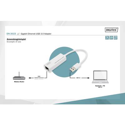 'DN-3023 Gigabit Ethernet USB 3.0 Adapter' und Verwendungsbeispiel mit Modem/Router, Netzwerkadapter und Notebook/PC.