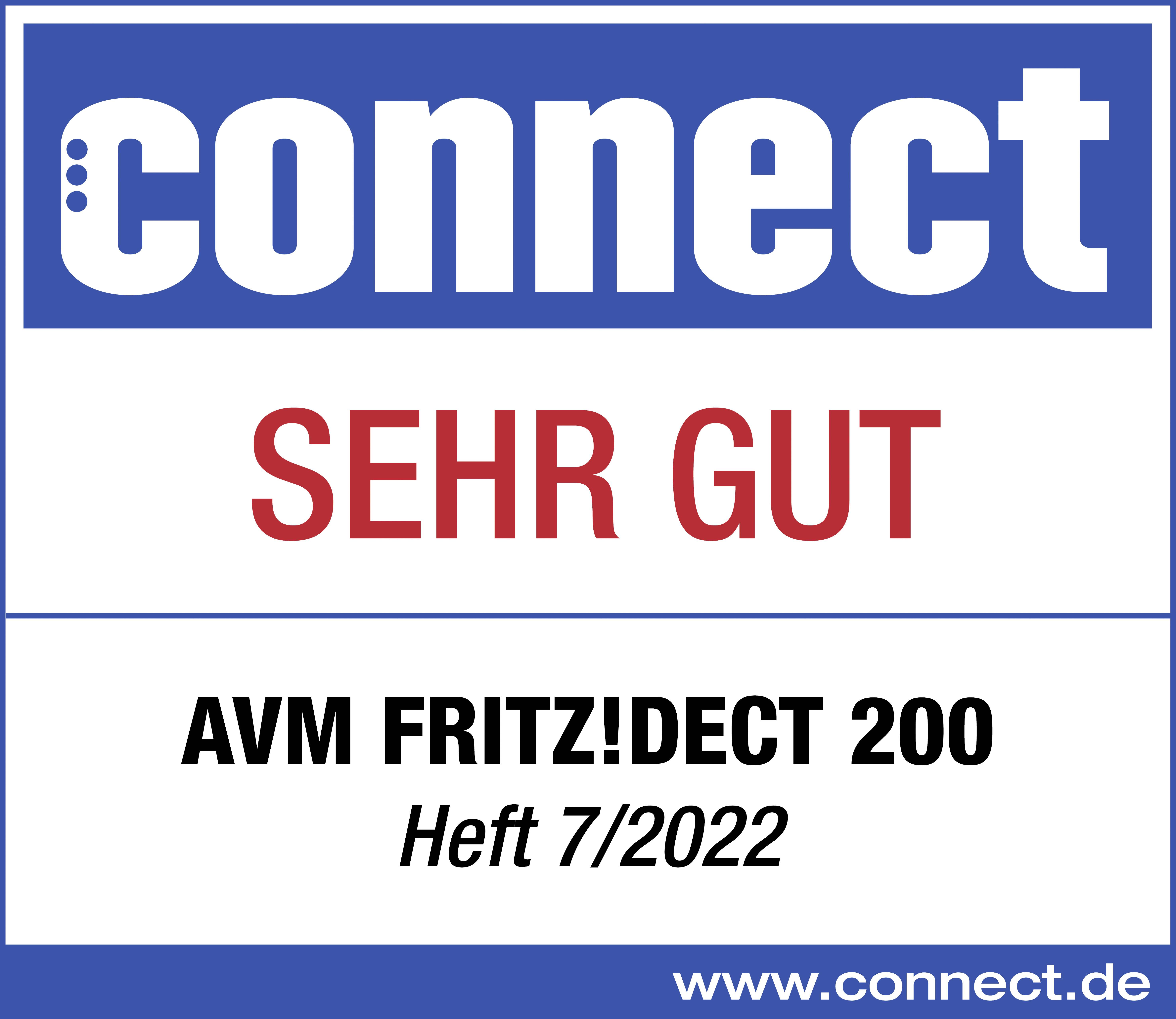 'connect' Bewertungssiegel mit 'SEHR GUT' für AVM FRITZ!DECT 200, erschienen in Heft 7/2022.