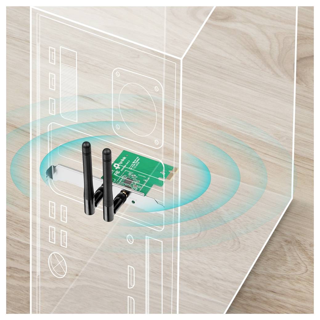 Ein halbdurchsichtiger Desktop-Tower zeigt eine interne Wireless-Netzwerkkarte mit zwei Antennen, die Signale aussenden, um die Konnektivitätsfunktionen zu veranschaulichen.