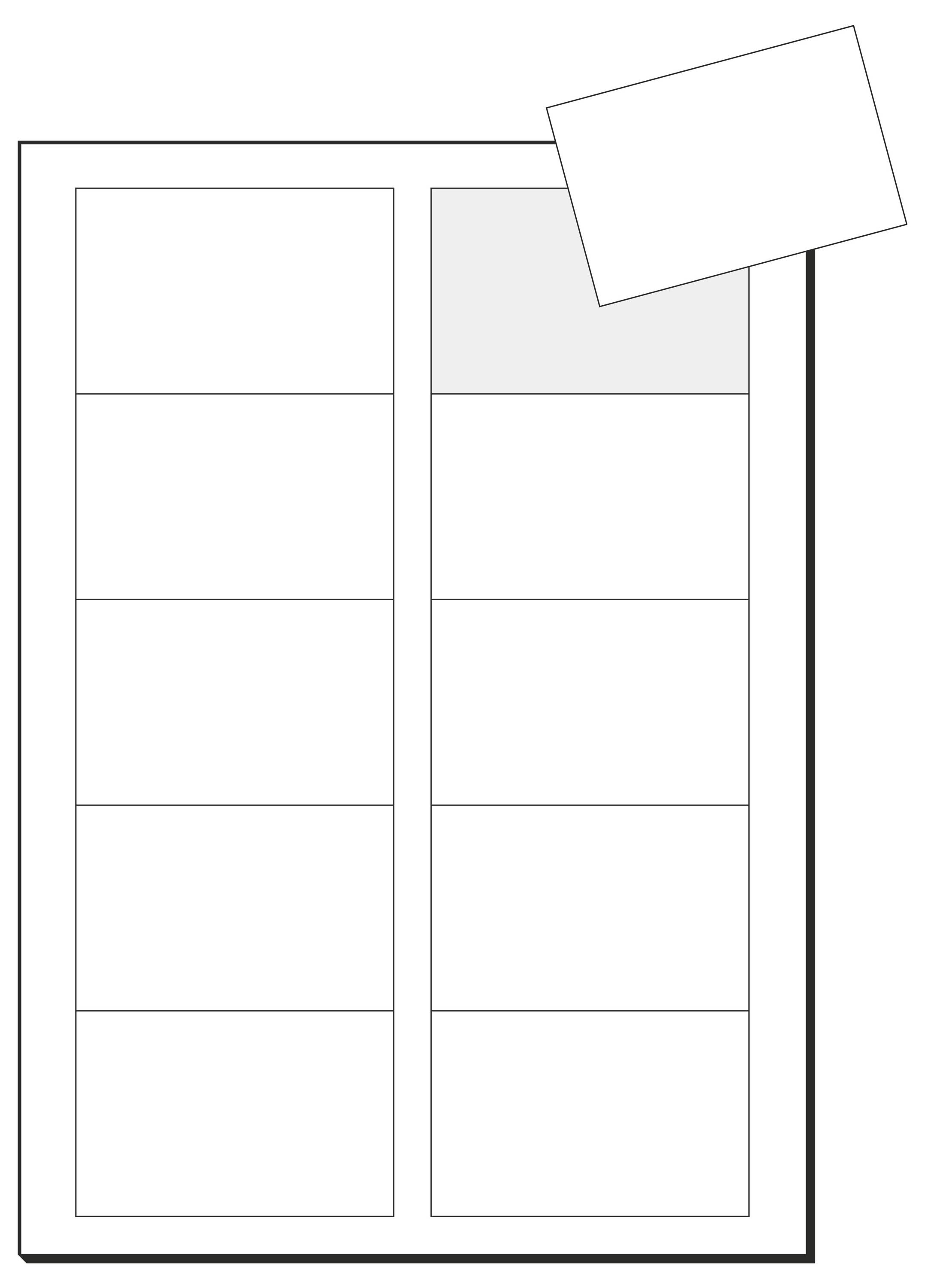 Leeres zweispaltiges Dokumentlayout mit fünf leeren Zeilen pro Spalte; ein geneigtes leeres Etikett überlappt die obere rechte Ecke.