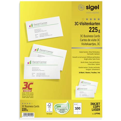Sigel LP795 Bedruckbare Visitenkarten, glatte Kanten 85 x 55 mm Hochweiß 100 St. Papierformat: DIN A4