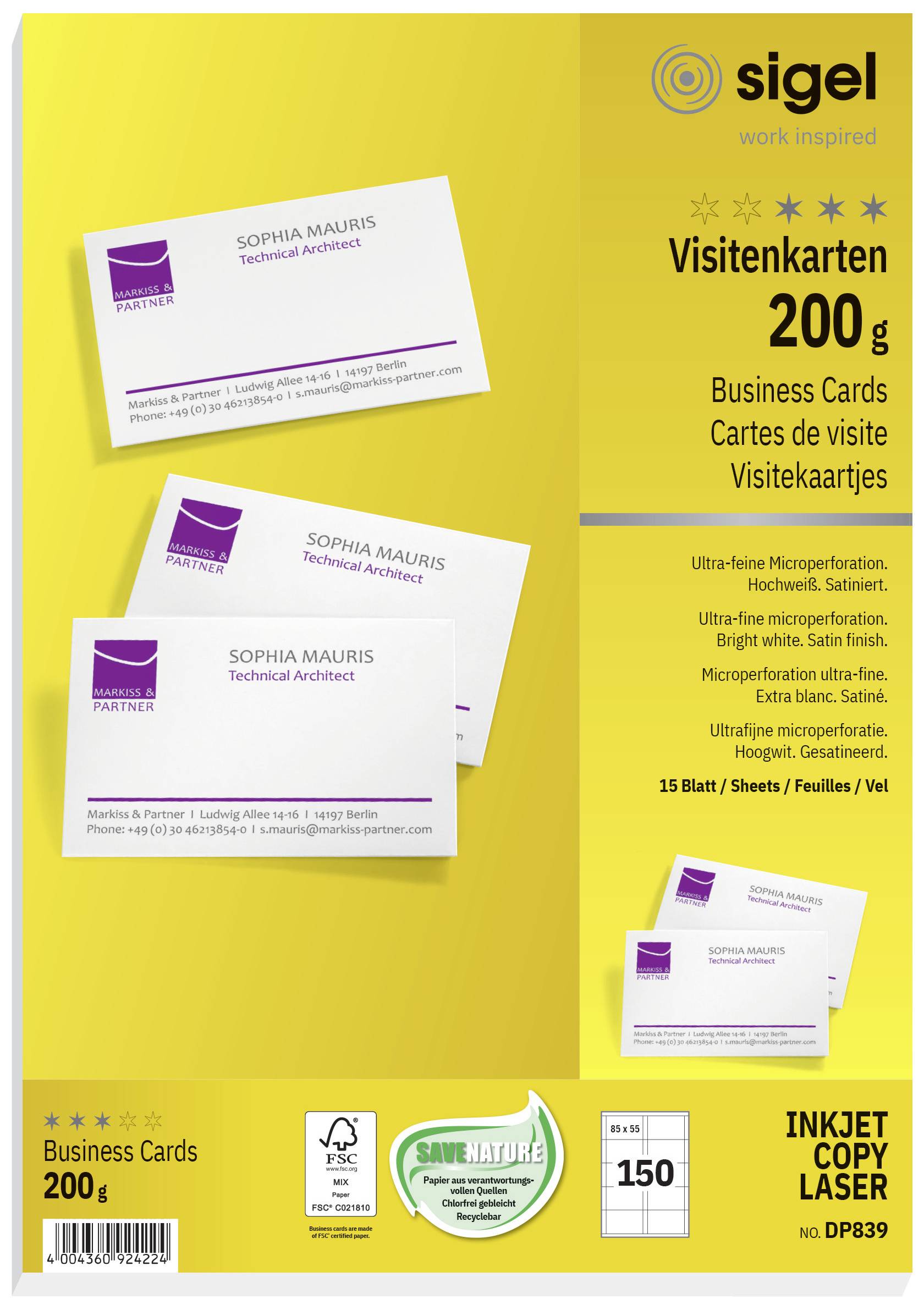 SIGEL Bedruckbare Visitenkarten, microperforiert Sigel DP839 85 x 55 mm 200 g/m² Hoch-Weiß 150 St.