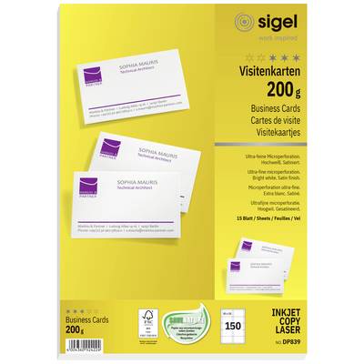 Sigel DP839 Bedruckbare Visitenkarten, microperforiert 85 x 55 mm Hochweiß 150 St. Papierformat: DIN A4
