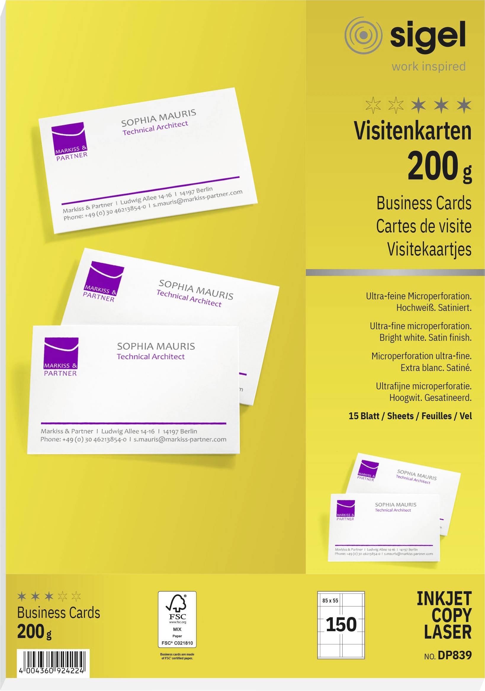 Sigel DP839 Bedruckbare Visitenkarten, microperforiert 85 x 55 mm Hochweiß 150 St. Papierformat: DIN A4