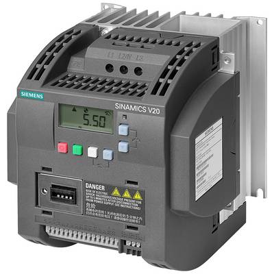 Ein Siemens Sinamics V20 Frequenzumrichter mit digitaler Anzeige zeigt '5.50'. Steuerungstasten und Warnhinweise sind sichtbar.