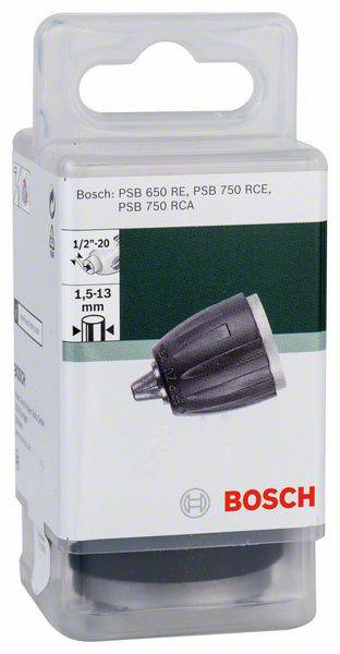 Verpackung eines Bosch-Bohrfutters. Aufschrift zeigt kompatible Modelle: PSB 650 RE, PSB 750 RCE, PSB 750 RCA. Größenangabe 1,5-13 mm.