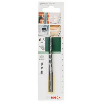 'Bosch Universalbohrer 6,5 mm' auf einer Verpackung, die Anwendungen für verschiedene Materialien zeigt, wie Beton und Holz.